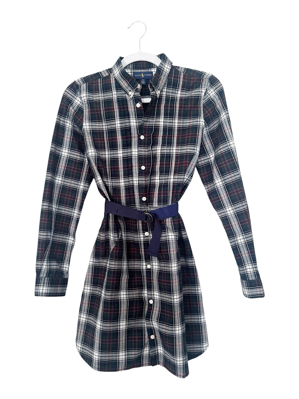 Ralph Lauren Girls Plaid Shirt Dress Long Sleeve Belted Navy/Green/Red Size 16